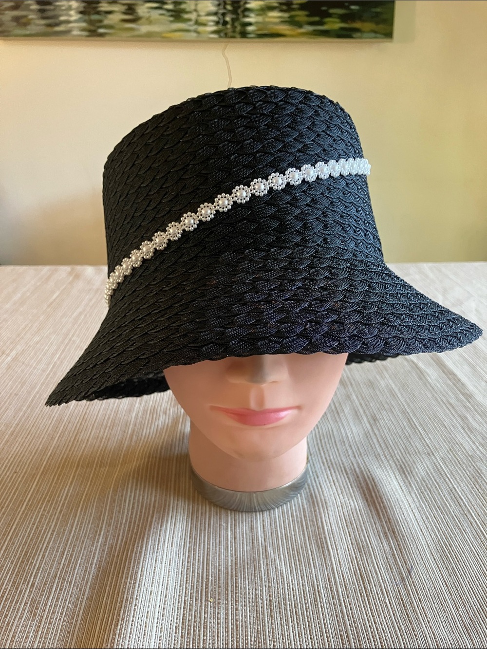 Black Polyester Bucket Hat with Pearl-Trim Band